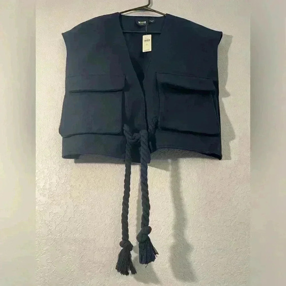 By ANTHROPOLOGIE Maeve Cropped Sweater Vest Boxy Academia Utility Navy Rope OS - Picture 6 of 12